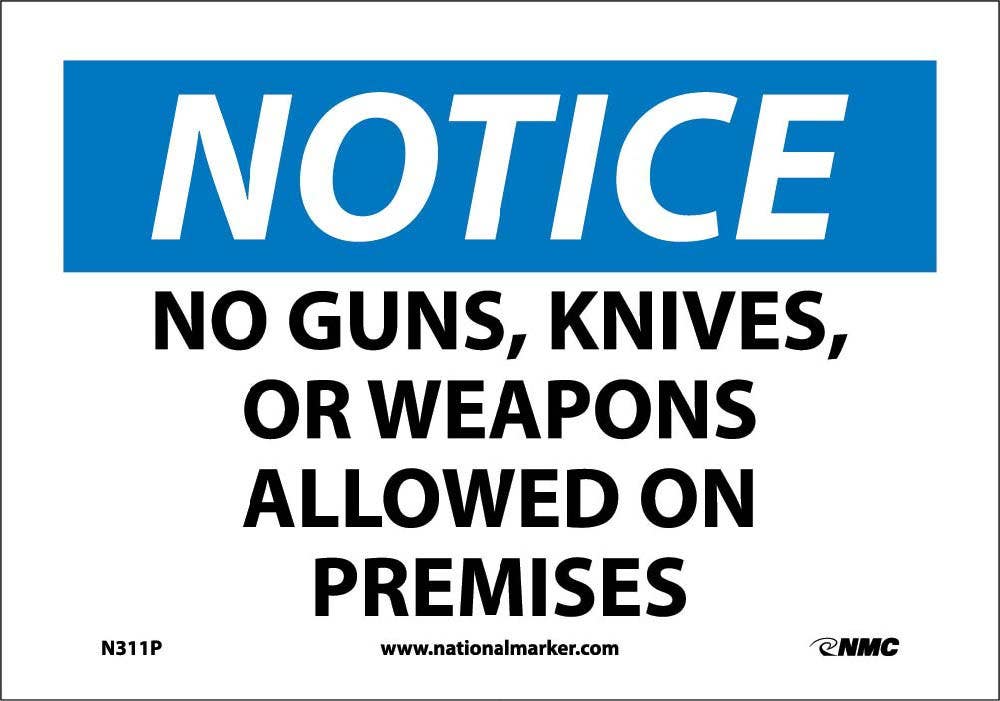 AccuformNMC N311 Notice, No Guns, Knives Or Weapons Allowed On Premises Sign, 10" H x 14" W