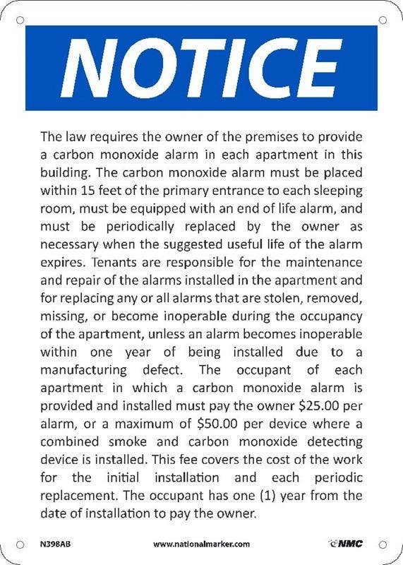 AccuformNMC N398AB Notice NYC Carbon Monoxide Alarm Sign, 14" x 10", Standard Aluminum