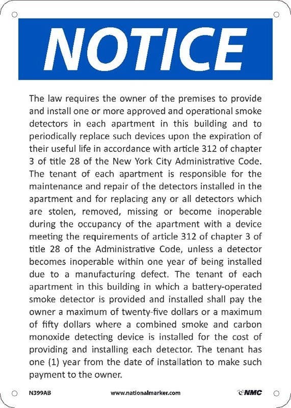 AccuformNMC N399AB Notice NYC Smoke Detector Sign, 14" x 10", Standard Aluminum