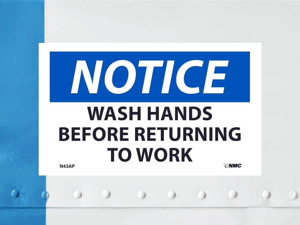 AccuformNMC N43AP Notice, Wash Hands Before Returning To Work, 3" x 5", Adhesive Backed Vinyl, 5/Pk