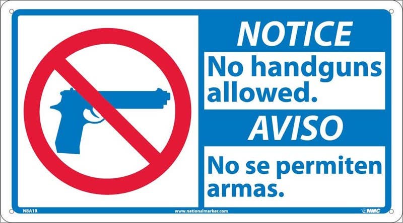 AccuformNMC NBA1 Notice, No Handguns Allowed Sign (Graphic), Bilingual, 10" x 18"