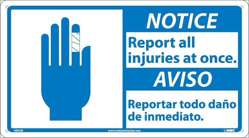 AccuformNMC NBA2 Notice, Report All Injuries At Once Sign (Graphic), Bilingual, 10" x 18"