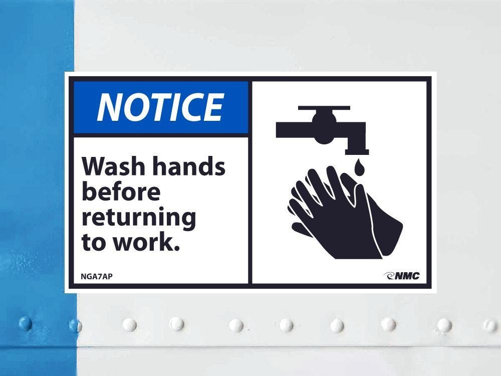 AccuformNMC NGA7AP Notice, Wash Hands Before Returning To Work Label (Graphic), 3" x 5", Adhesive Backed Vinyl, 5/Pk