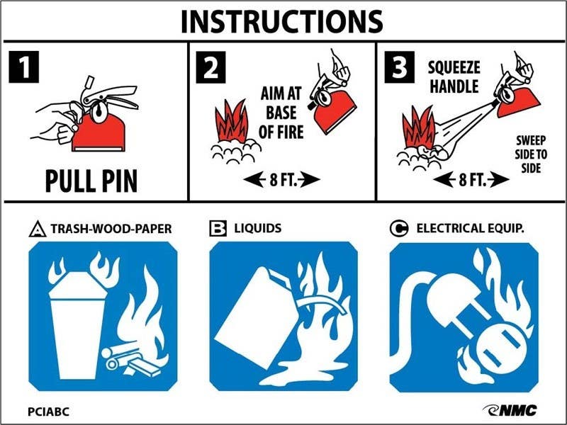 AccuformNMC PCIABC Fire Extinguisher Instructions Sign, 3.75" x 5", Adhesive Backed Vinyl, 100/Pk