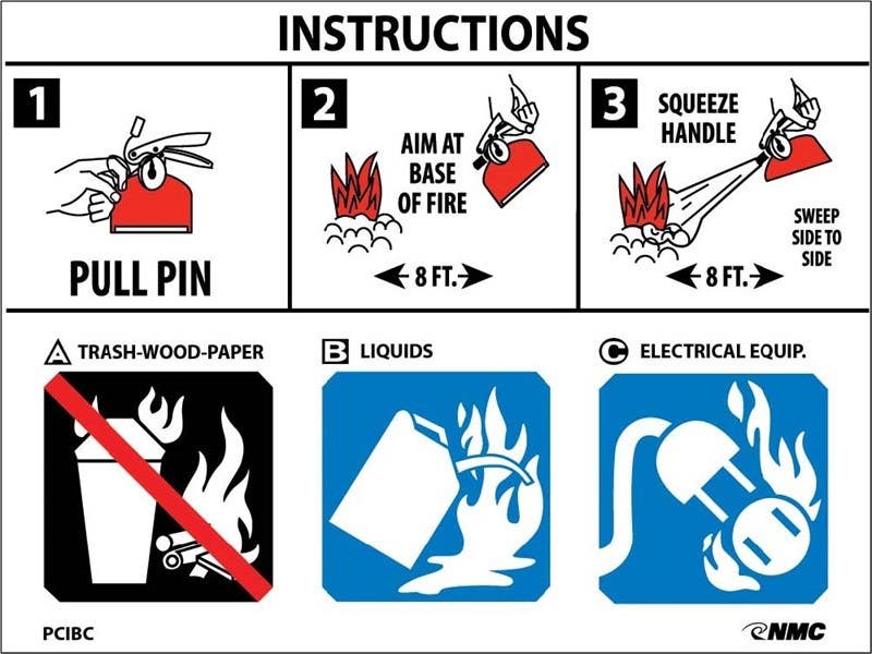 AccuformNMC PCIBC Fire Extinguisher Instructions Sign, 3.75" x 5", Adhesive Backed Vinyl, 100/Pk