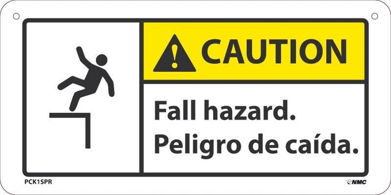 AccuformNMC PCK1SPR Caution Fall Hazard Label - Bilingual (Eng/Esp), 6" x 12", Rigid Plastic