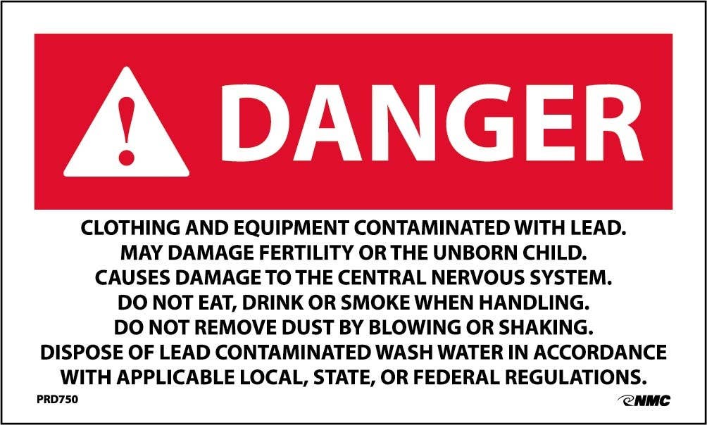 AccuformNMC PRD-7 Danger, Contaminated With Lead Warning Label, White/Red, PS Paper, 3" x 5",  500/Roll