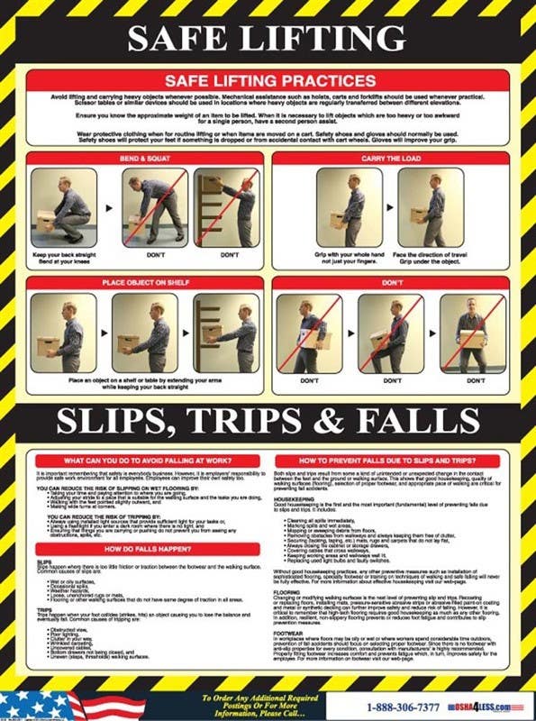 AccuformNMC PST010 Safe Lifting/Slips Poster, 24" x 18", Laminated Paper