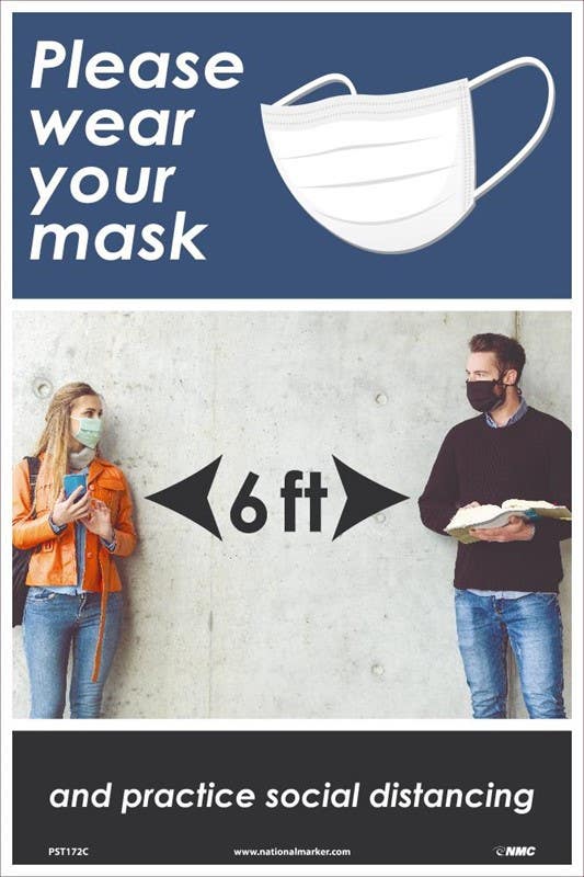 AccuformNMC PST Please Wear Your Mask & Practice Social Distancing Poster, 6 Ft
