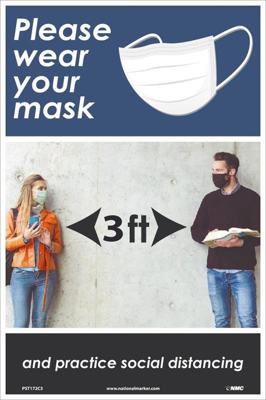 AccuformNMC PST Please Wear Your Mask Poster & Practice Social Distancing, 3 Ft