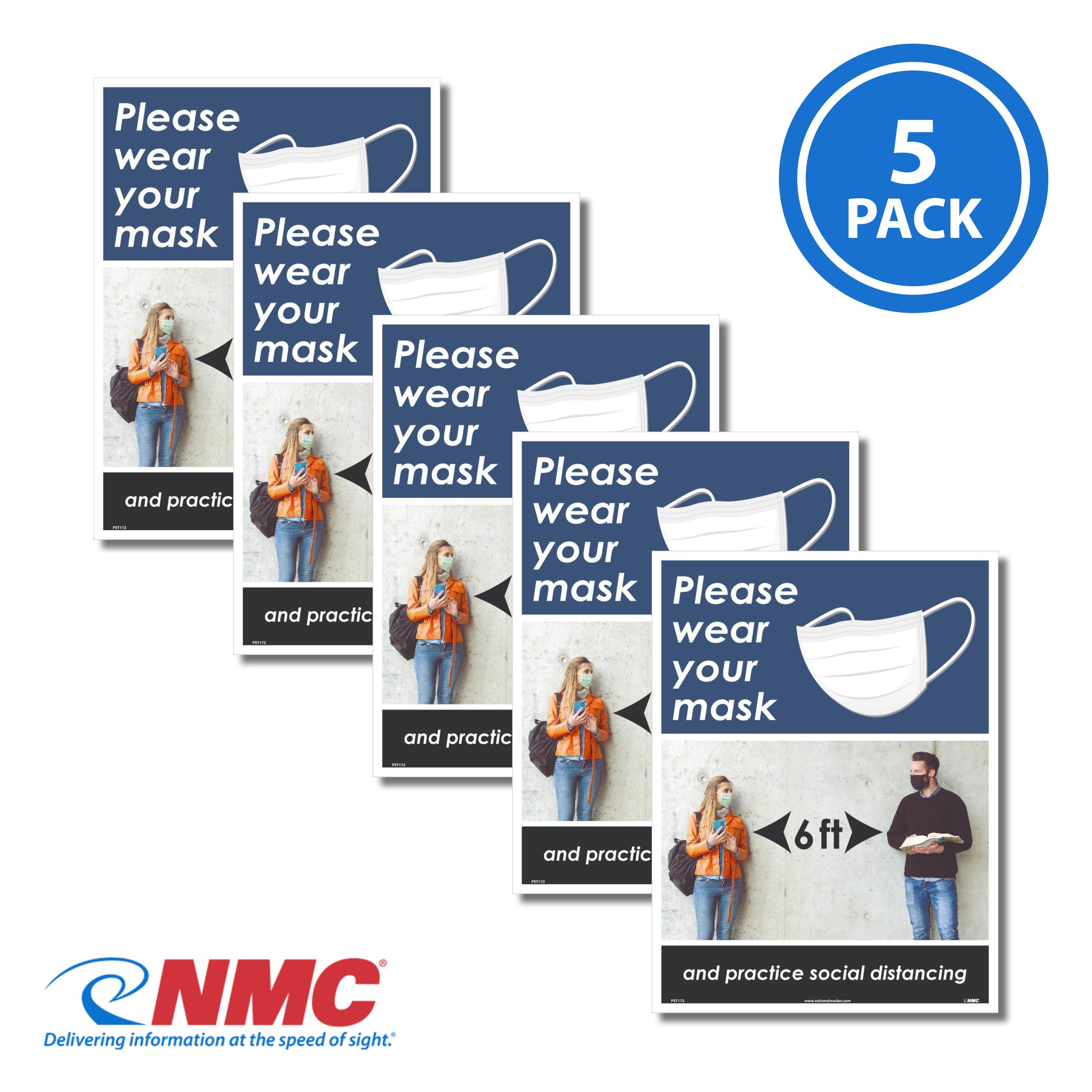 AccuformNMC PST172PP Please Wear Your Mask Poster & Practice Social Distancing, 6 Ft, 18" x 12", Paper, 5/Pk