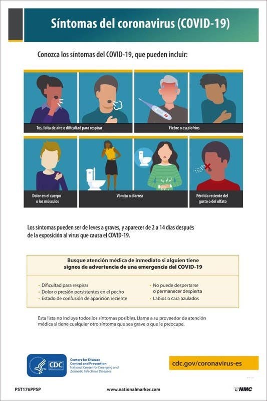 AccuformNMC PST176PPSP Symptoms Of Coronavirus (Covid-19) Poster, Spanish, 18" x 12", Paper, 5/Pk