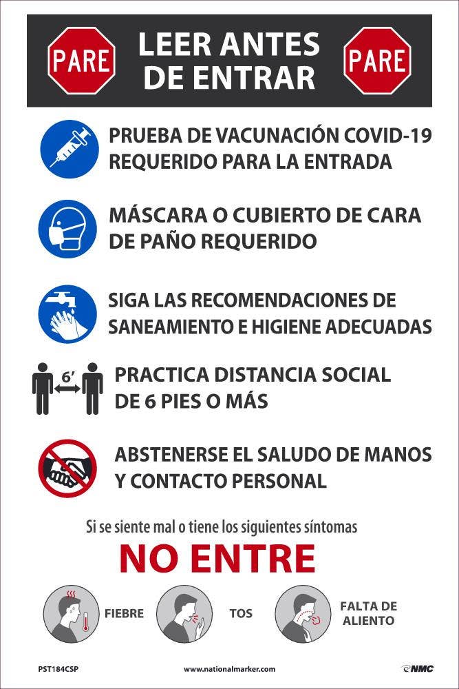 AccuformNMC PST Stop Read Before Entering, Covid-19 Poster, Spanish