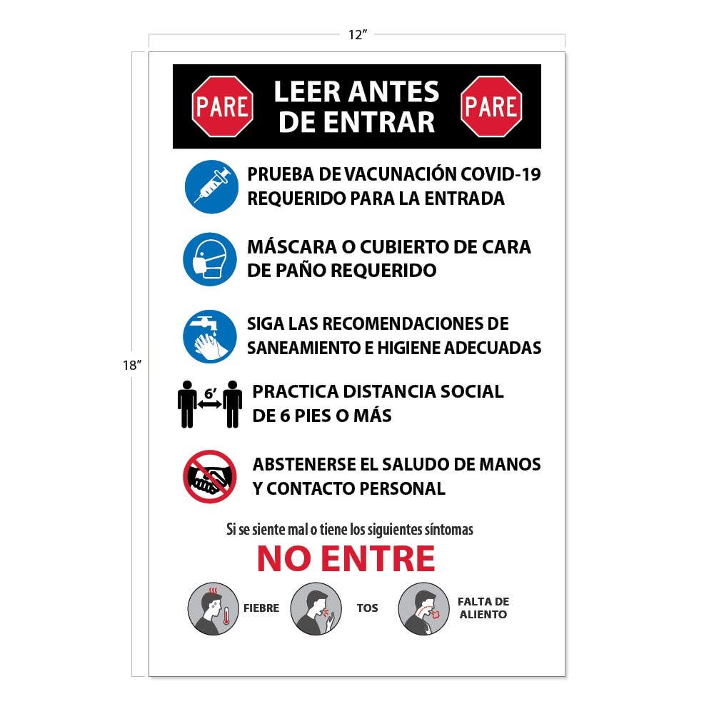 AccuformNMC PST184PPSP Stop Read Before Entering, Covid-19 Poster, Spanish, 18" x 12", Paper, 5/Pk
