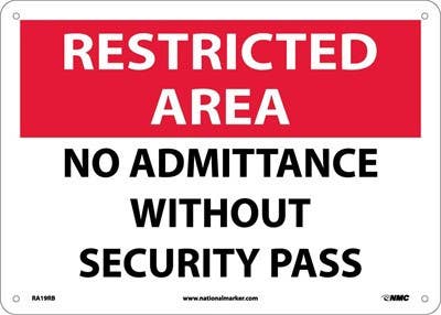 AccuformNMC RA19 Restricted Area, No Admittance Without Security Pass Sign, 10" x 14"
