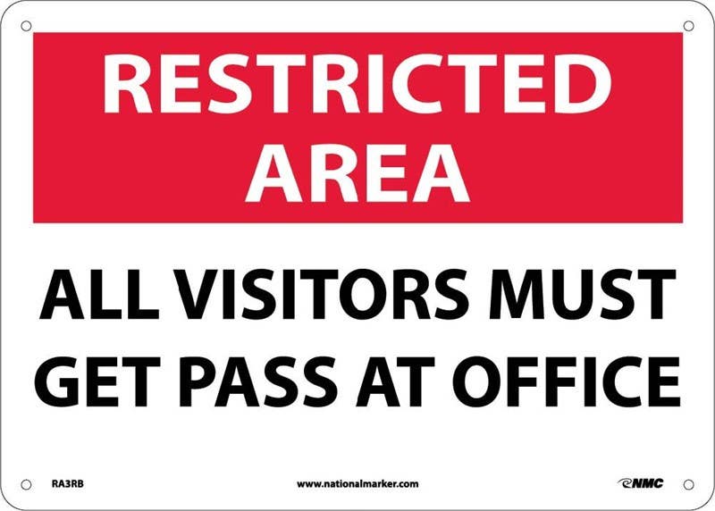 AccuformNMC RA3 Restricted Area, All Visitors Must Get Pass At Office, 10" x 14"