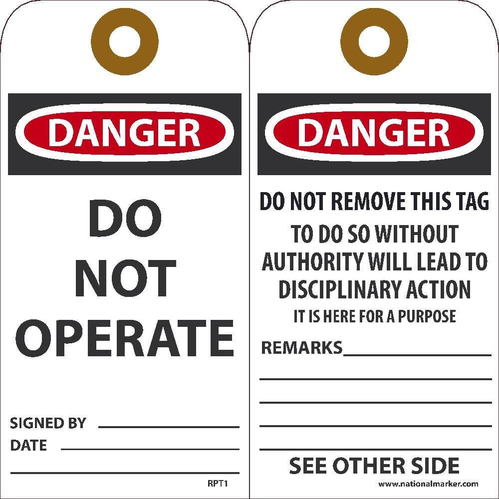 AccuformNMC RPT1 Danger Do Not Operate Tag, Unrippable Vinyl, 6" x 3", 25/Pk