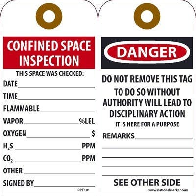 AccuformNMC RPT Danger, Confined Space Inspection Tag, 6" x 3", Unrippable Vinyl, 25/Pk
