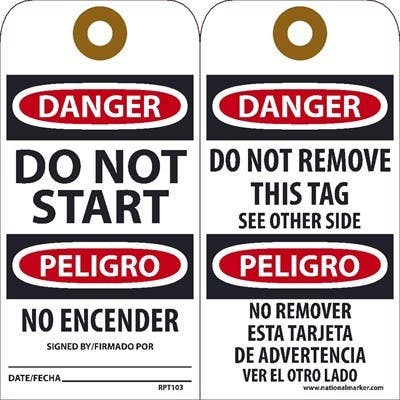 AccuformNMC RPT Danger, Do Not Start (Bilingual) Tag, 6" x 3", Unrippable Vinyl, 25/Pk