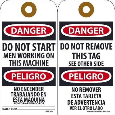 AccuformNMC RPT Danger, Do Not Start Men Working (Bilingual) Tag, 6" x 3", Unrippable Vinyl, 25/Pk
