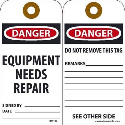 AccuformNMC RPT106 Danger Equipment Needs Repair Tag, Unrippable Vinyl, 25/Pk