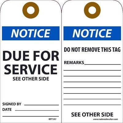AccuformNMC RPT Danger, Notice Due For Service Tag, 6" x 3", Unrippable Vinyl, 25/Pk
