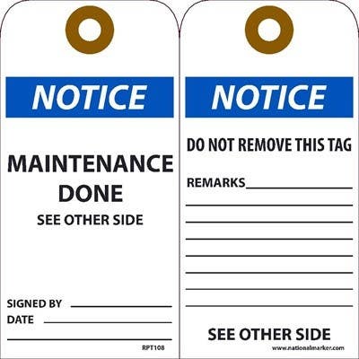 AccuformNMC RPT Danger, Notice Maintenance Done Tag, 6" x 3", Unrippable Vinyl, 25/Pk