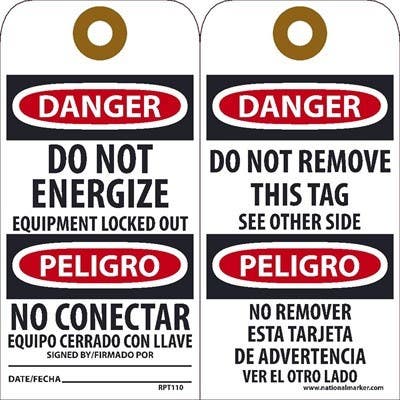 AccuformNMC RPT Danger, Do Not Energize (Bilingual) Tag, 6" x 3", Unrippable Vinyl, 25/Pk