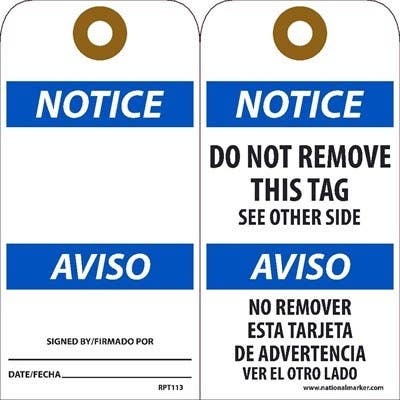 AccuformNMC RPT Notice, Do Not Remove This Tag (Bilingual), 6" x 3", Unrippable Vinyl, 25/Pk