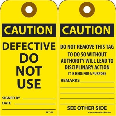 AccuformNMC RPT129 Caution Defective Do Not Use Tag, 6" x 3", Unrippable Vinyl, 25/Pk