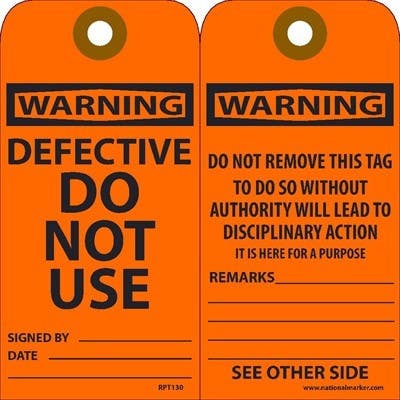 AccuformNMC RPT130 Warning Defective Do Not Use Tag, 6" x 3", Unrippable Vinyl, 25/Pk