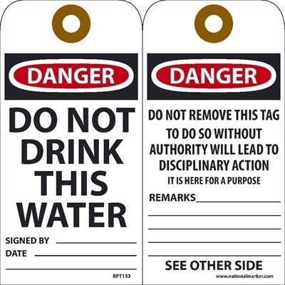 AccuformNMC RPT133 Danger Do Not Drink This Water Tag, 6" x 3", Unrippable Vinyl, 25/Pk