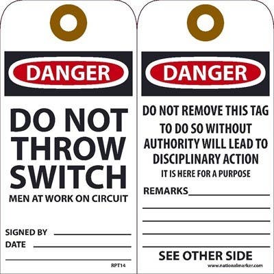 AccuformNMC RPT14 Danger Do Not Throw Switch Men At Work On Circuit Tag, 6" x 3", Unrippable Vinyl, 25/Pk