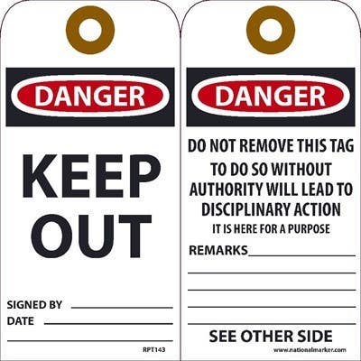 AccuformNMC RPT Danger, Keep Out Tag, 6" x 3", .015 Mil Unrippable Vinyl, 25/Pk