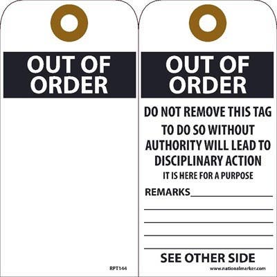 AccuformNMC RPT144 Out Of Order Tag, 6" x 3", Unrippable Vinyl, 25/Pk