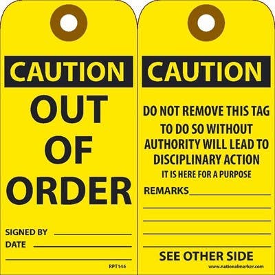 AccuformNMC RPT145 Caution Out Of Order Tag, 6" x 3", Unrippable Vinyl, 25/Pk