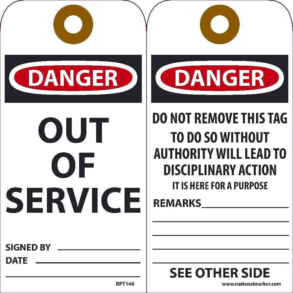 AccuformNMC RPT146 Danger Out Of Service Tag, 6" x 3", Unrippable Vinyl, 25/Pk
