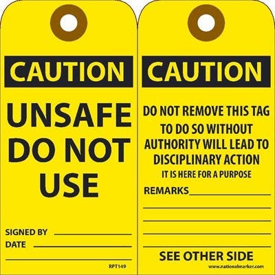 AccuformNMC RPT149 Caution Unsafe Do Not Use Tag, 6" x 3", Unrippable Vinyl, 25/Pk