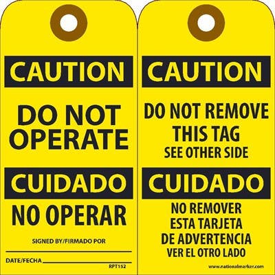 AccuformNMC RPT152 Do Not Operate Bilingual Tag, 6" x 3", Unrippable Vinyl, 25/Pk