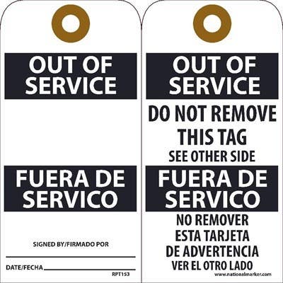 AccuformNMC RPT153 Out Of Service Bilingual Tag, 6" x 3", Unrippable Vinyl, 25/Pk