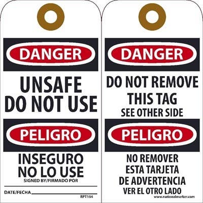 AccuformNMC RPT Danger, Unsafe Do Not Use (Bilingual) Tag, 6" x 3", .015 Mil Unrippable Vinyl, 25/Pk