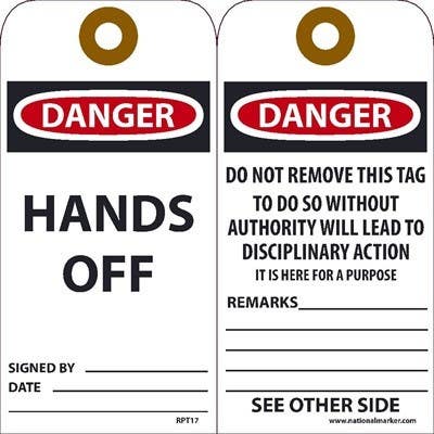 AccuformNMC RPT Danger, Hands Off Tag, 6" x 3", Unrippable Vinyl, 25/Pk