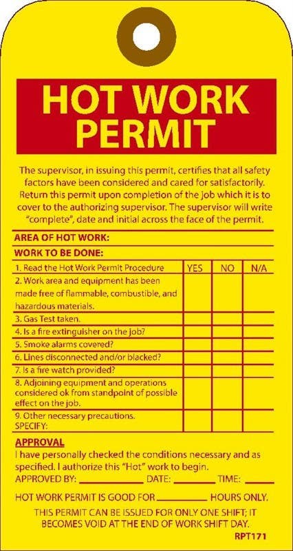 AccuformNMC RPT Hot Work Permit Tag, 7.50" x 4", Unrippable Vinyl, 25/Pk