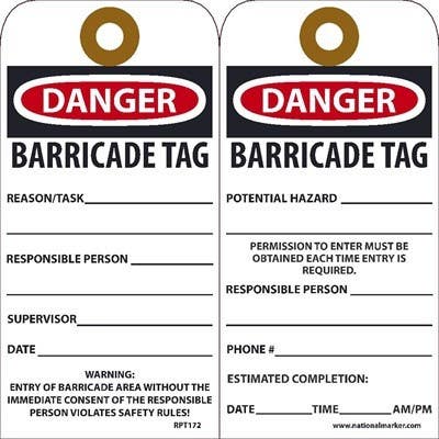 AccuformNMC RPT Danger, Barricade Tag, 6" x 3", Unrippable Vinyl, 25/Pk