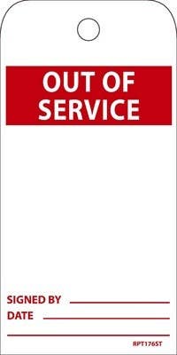 AccuformNMC RPT176ST Out Of Service Tag, 6" x 3", Synthetic Paper, w/ 1 Top Center Hole, Zip Ties Included, 25/Pk