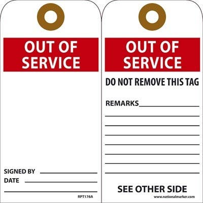 AccuformNMC RPT176A Out Of Service Tag, 6" x 3", Unrippable Vinyl, w/ 1 Top Center Hole, Zip Ties Included, 25/Pk