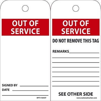 AccuformNMC RPT176AST Out Of Service Tag, 6" x 3", Synthetic Paper, w/ 1 Top Center Hole, Zip Ties Included, 25/Pk