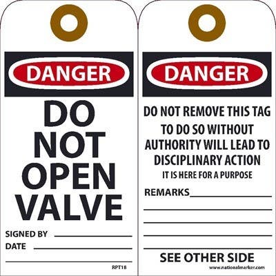 AccuformNMC RPT18 Danger Do Not Open Valve Tag, 6" x 3", Unrippable Vinyl, 25/Pk