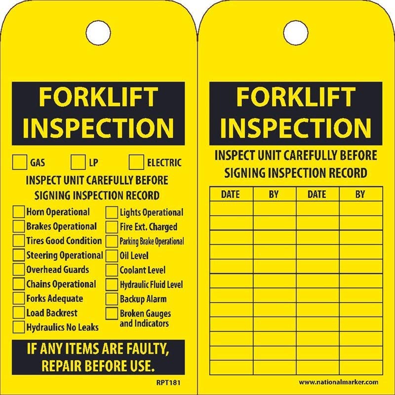 AccuformNMC RPT181 Forklift Inspection Tag, 6" x 3", Unrippable Vinyl, 25/Pk
