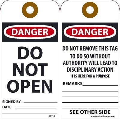 AccuformNMC RPT19 Danger Do Not Open Tag, 6" x 3", Unrippable Vinyl, 25/Pk